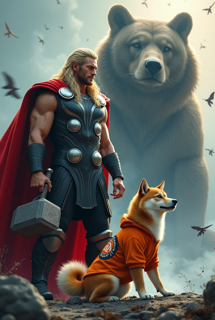 Generate an image of Thor with his hammer and Bitcoin shield, accompanied by his Shiba Inu dog wearing an orange sweatshirt with DOG sticker facing a bear.