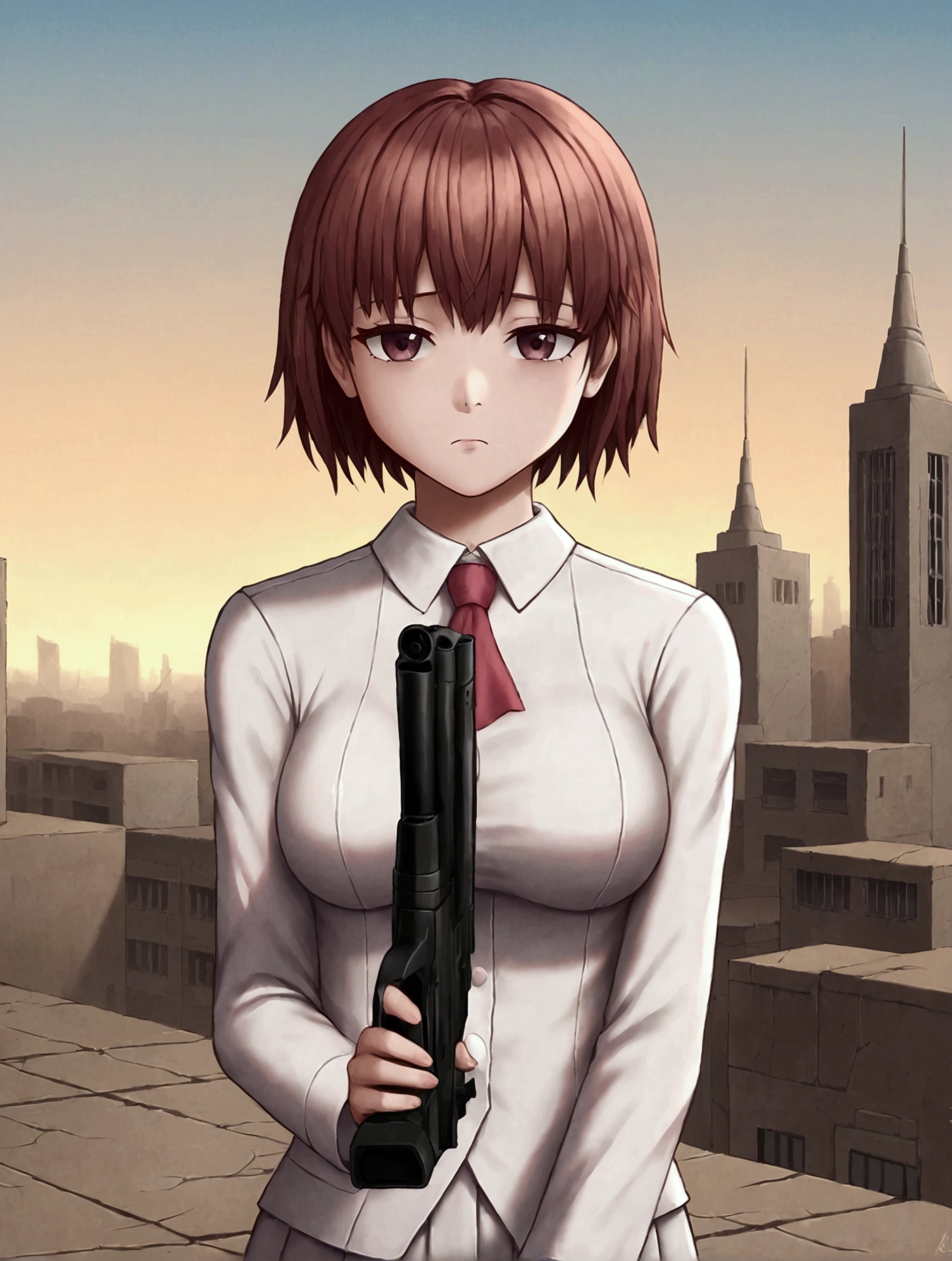 masterpiece, best quality, high school girl, short hair, white uniforms, ruin, dawn, fall city, gun, looking at sky, sad face, aesthetics, Highly detailed