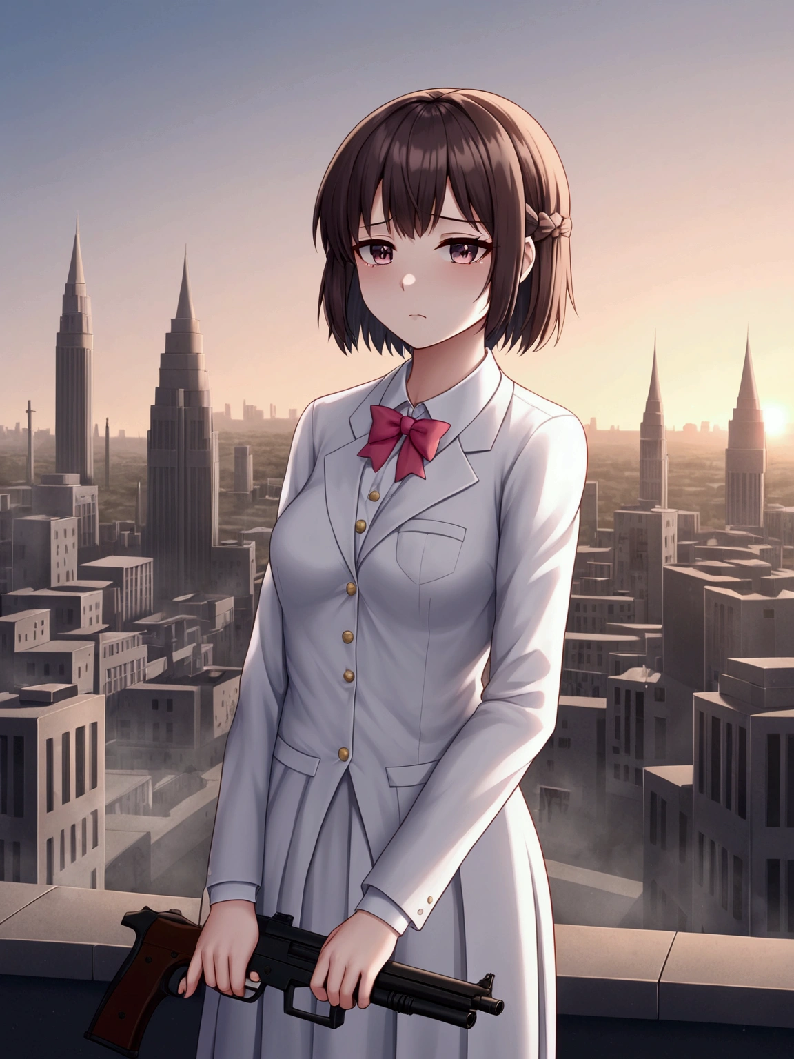 masterpiece, best quality, high school girl, short hair, white uniforms, ruin, dawn, fall city, gun, looking at sky, sad face, aesthetics, Highly detailed