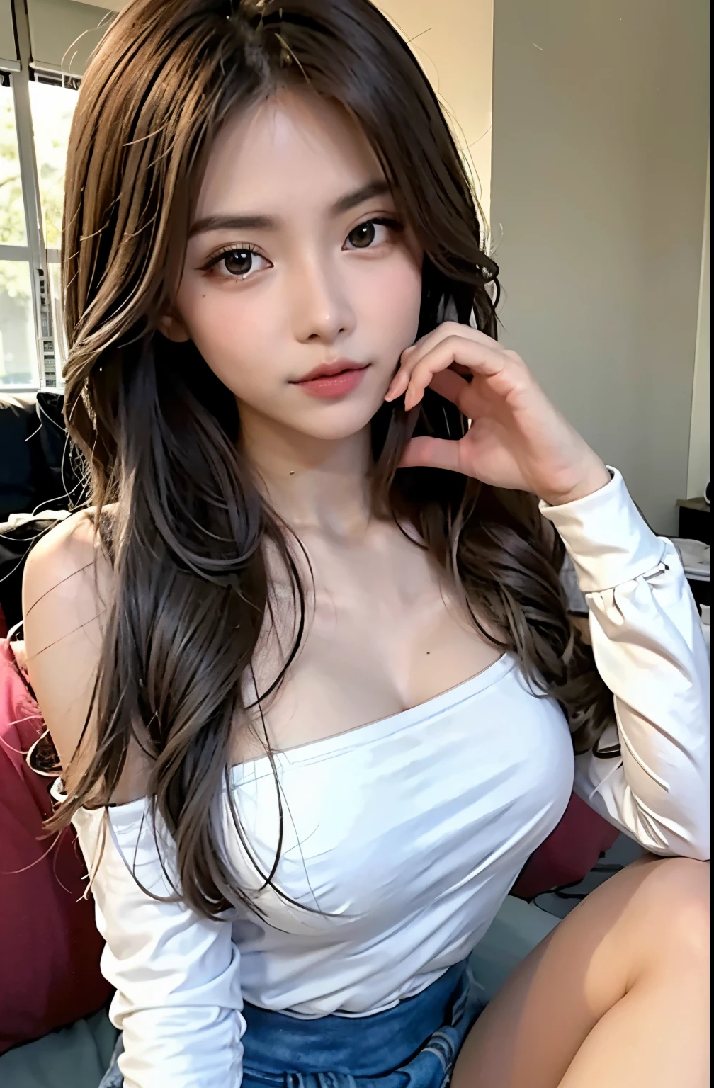 Beautiful and attractive woman in fashion trends, Gentle and attractive Chinese beauty, Delicate and sexy collarbone, Attractive oval face, double eyelid, Clever pink eyes, Pink Lips, Small Nose, Exposing shoulders, Focus on the face, Face close-up, Ultra-high resolution, Very detailed, Full body photo, Ultra-thin and light-transmitting, The white off-the-shoulder shirt matches perfectly with the light blue slit skirt., Fresh and delicious, And see through