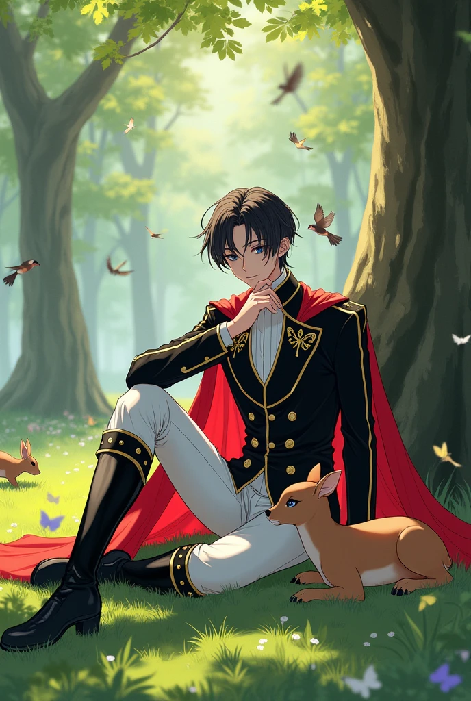 Make an anime male character who had black hair with brown stripes on his bangs, black eyes, black royal prince suit with gold stripes and buttons, white pants, black and white boots and bright red long cape. The scenery background he is at the park playing with the birds, squirrel and  deer while sitting. His height is 173 cm 