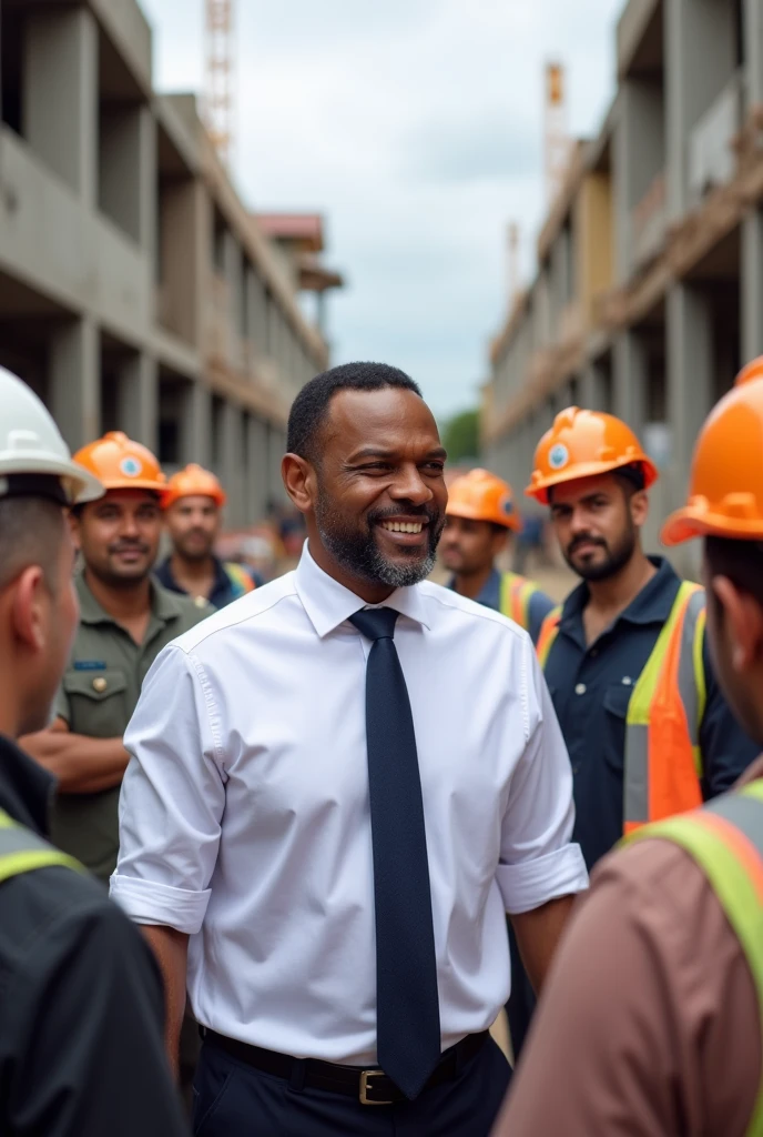 Create a political man, candidate for city council, an elegant middle-aged black man,wears a navy blue tie and a white shirt, He's talking to some workers., the scene is a housing construction in Brazil.