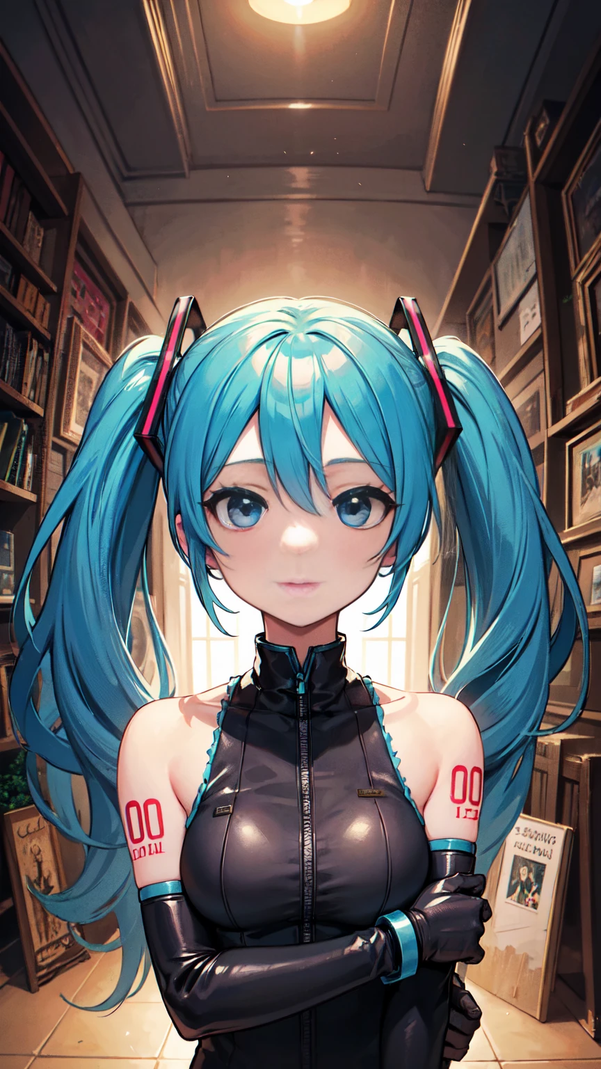 Hatsune Miku VOCALOID、Twin tails、Light blue hair、Light blue eyes、Detailed photo of a futuristic beautiful female warrior in a dystopian city, Tattered clothes with rusty metal armor, long and disheveled hair, Tattoos on the arm and body, Fashion pose, Blue eyes with round irises, Detailed face, Apocalyptic Environment, Natural body pose, Professional Photographer, Shooting with a professional SLR camera, Professional fantasy artist, Professional Rococo and Baroque Background Artist, Professional Art Station Artists