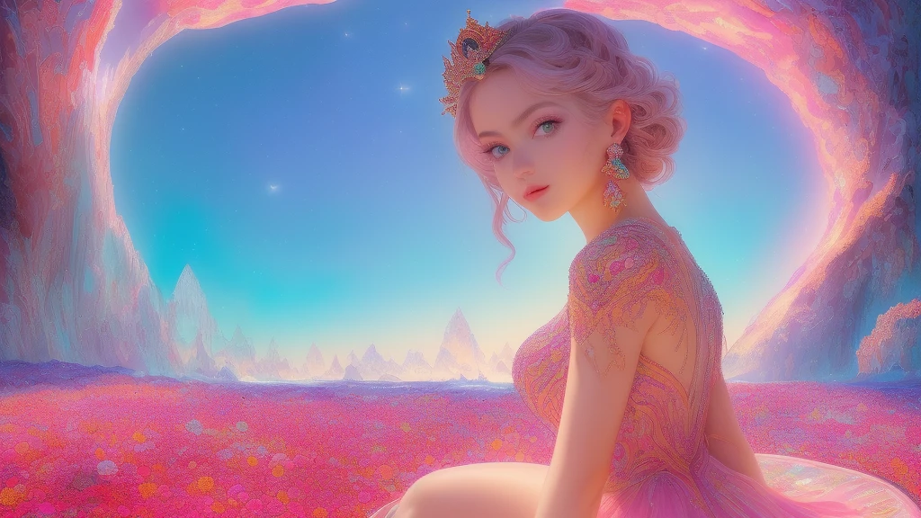 (best quality, ultra-detailed, photorealistic: 1.39), bright and vibrant colors, studio lighting, Red moon, sky shooting stars, soft azure clouds, sparkling, sparkling neon green ocean waves, pink roses in the pink ocean, fantasy, diamond, crown, universe, soft lights, sparkling eyes, cute biquini, cute biquini, within the vast ocean, (masterpiece:1.2), (best quality), 4k, ultra-detailed, (dynamic composition:1.4), highly detailed, colorful details,( iridescent colors:1.2), (glowing lighting, atmospheric lighting), dreamy, magical, (solo:1.2), An effeminate girl, with a delicate and beautiful face. She is a girl who reflects seductive beauty, sparkling eyes, extremely beautiful woman, perfect lips in a soft smile , crystalline dress, crystals on the detailed dress, she is in love, she is near the fountain of the palace made of ice ridges, crystal kingdom