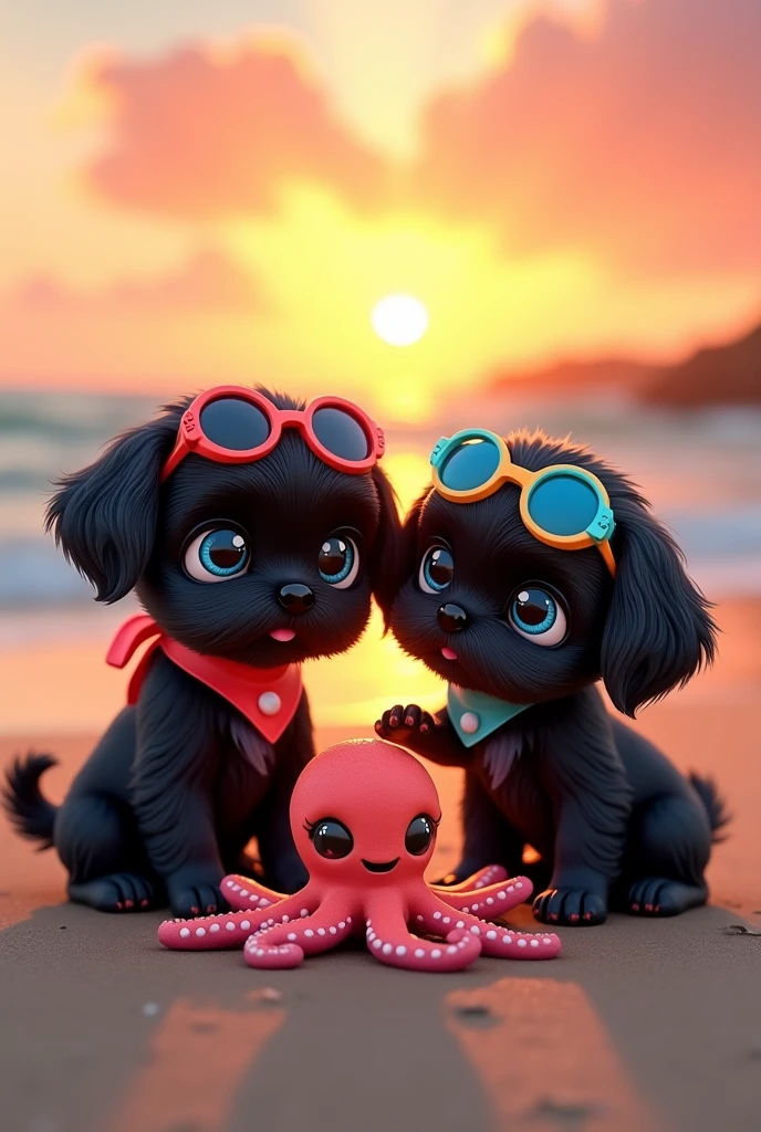 2 adorable black shih tzu puppies, big blue eyes wearing colorful collar, bandana and sunglasses, cute blonde girl, extremely detailed big blue eyes, detailed face, beautiful lips, long eyelashes, playing with cute octopus, 3D Pixar style, at beach, sunrise in background, photorealistic, (best quality,8k,highres,masterpiece:1.2),ultra-detailed,(realistic:1.37),HDR,vivid colors,studio lighting