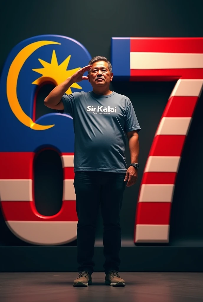 A real 30 years old man wearing t-shirt dress with Text “Sir Kalai” written on tshirt, he standing near a 3d big Number “67” is decorated by Malaysia flag with dark background 32k ultra quality image, and he salute