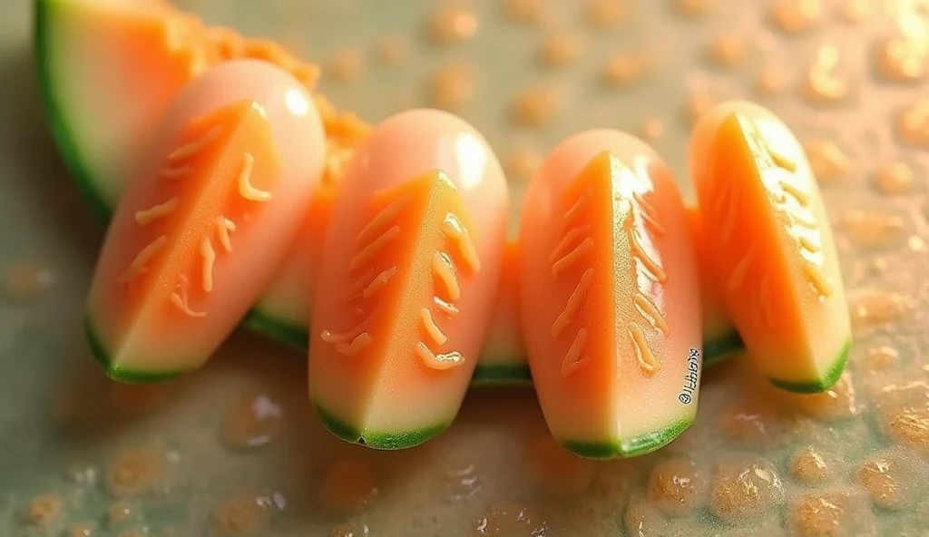 Cantaloupe Slice Nail Art: Each nail features a realistic slice of cantaloupe, with the juicy orange flesh in the center and a thin line of green rind at the edge. The background is a continuation of the cantaloupe's texture, with a soft, mottled pattern that mimics the outer skin of the fruit. The skin’s textured effect, in light tans and greens, blends into the design, making it feel like you’re looking at a cross-section of a whole cantaloupe.

