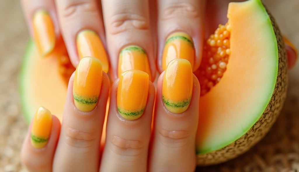 Cantaloupe Slice Nail Art: Each nail features a realistic slice of cantaloupe, with the juicy orange flesh in the center and a thin line of green rind at the edge. The background is a continuation of the cantaloupe's texture, with a soft, mottled pattern that mimics the outer skin of the fruit. The skin’s textured effect, in light tans and greens, blends into the design, making it feel like you’re looking at a cross-section of a whole cantaloupe.

