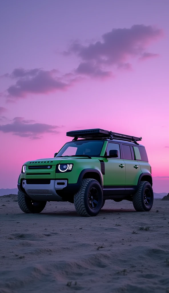 Brand new land rover greenish 5 door defender with defender roof carrier with alloy wheels. violet sky. Gray soil