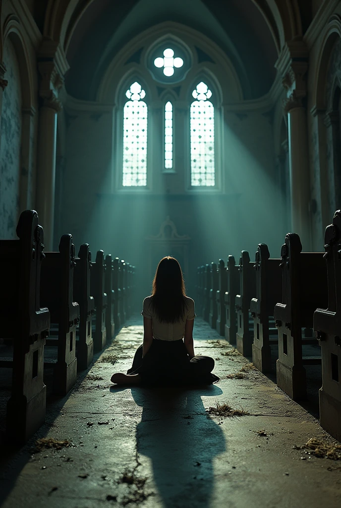 8k (realisitic) ((real photografic)) girl wearing a long skirt and a button-down shirt wearing heels , sitting on the church floor with her legs crossed, shadow in a dark church, dark abandoned and old, full of spider webs