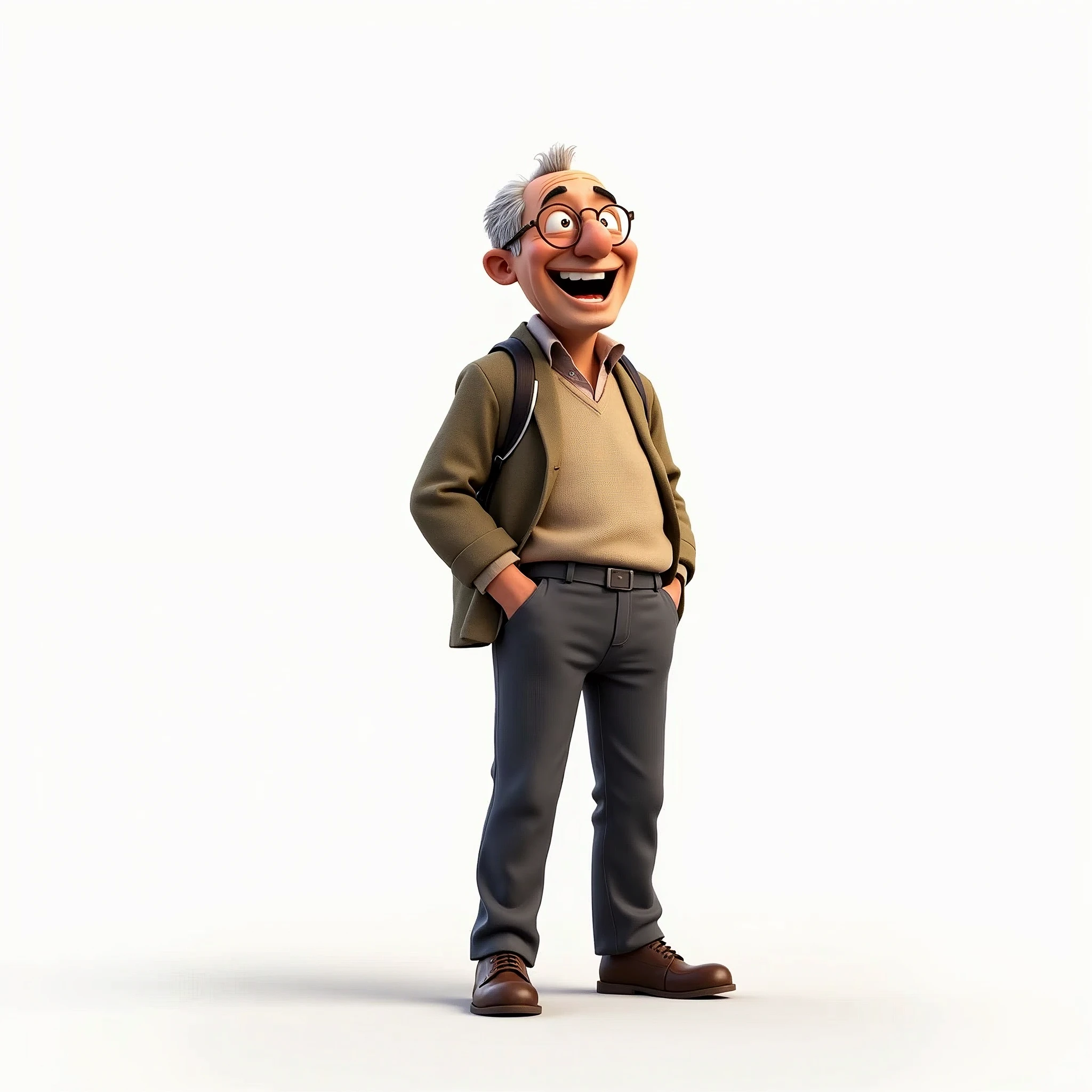 Create an image of an elderly male school principal excitedly returning to school. The principal should have his hands in his pockets (ensuring that the hands are not visible) and should not be carrying anything or wearing a jacket. The background should be completely white, with no other details. The principal should be smiling and looking forward with anticipation. EasyNegative, (worst quality, low quality:1.4), (((deformed))), distortions in the hands, face, and other parts, more than 1 character, more than 1 backpack, hands visible