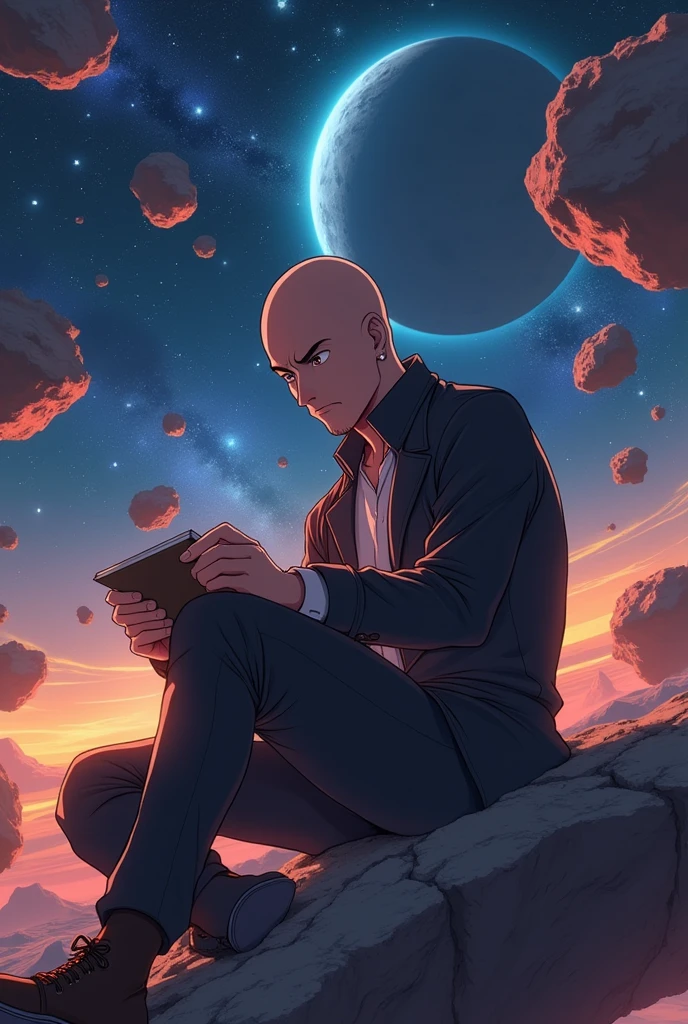 Draw anime saitama, sitting on a research platform floating in the middle of an asteroid belt. He is studying with a notebook, surrounded by several asteroids glowing with fiery auras. Dramatic lighting from distant stars and planets illuminates the scene, casting deep shadows on the suit. The young man looks confident and determined, looking at the vast and mysterious universe with wonder and respect,facial hair, cowboy shot,