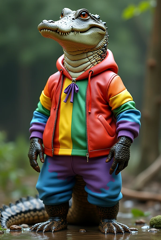 Alligator wearing clothes in the colors of the LGBT flag 