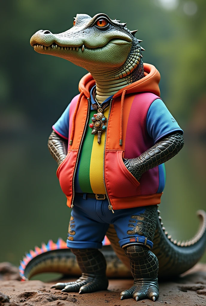 Alligator wearing clothes in the colors of the LGBT flag