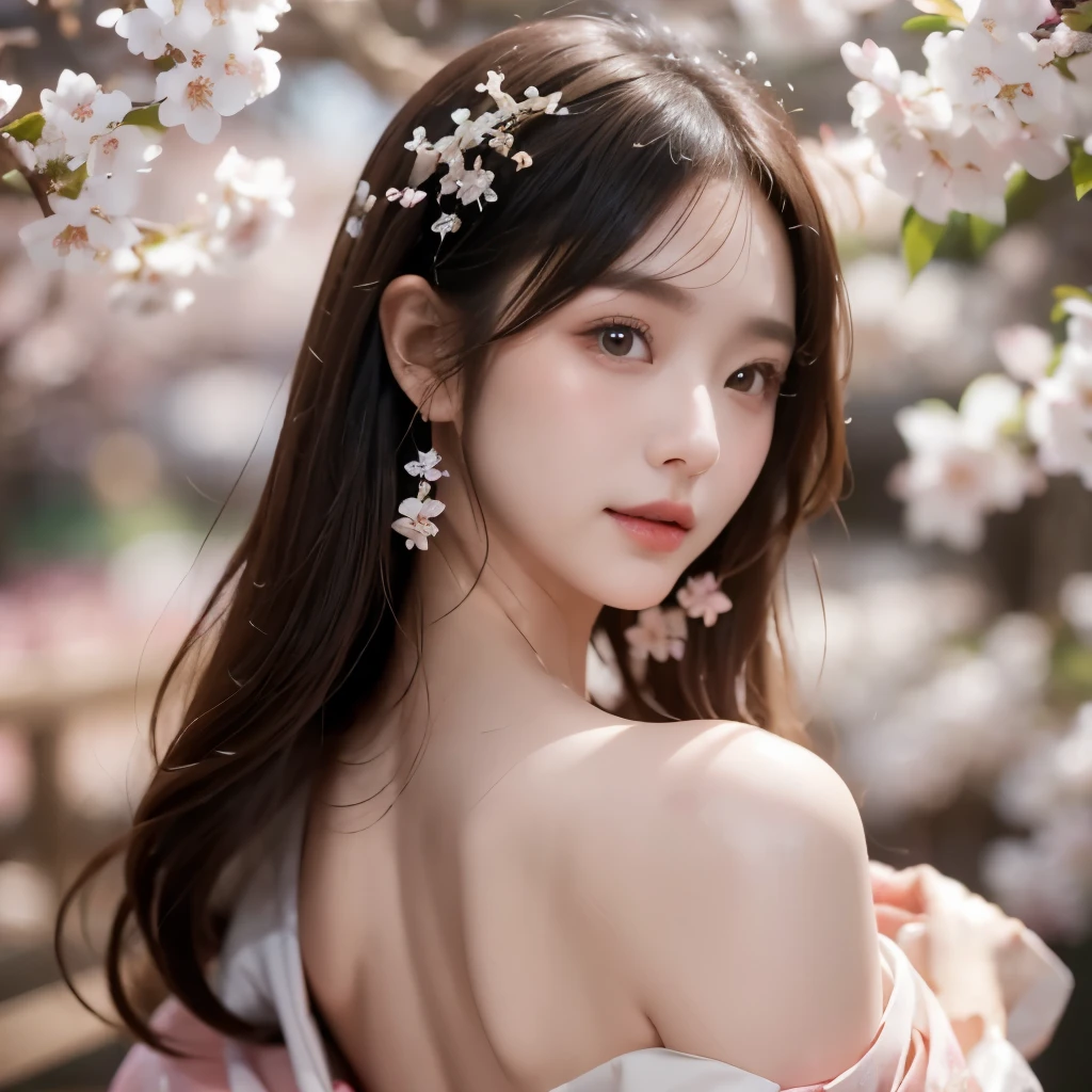 (logo、masterpiece、8k、Tabletop、RAW Photos、wonderful、最high quality、Photorealistic and hVery detailed CG integrated 8k wallpaper、high quality、Very detailed、Narrative poem、Particle Effects、Dynamic Effects、Written boundary depth、Cinematic Light、Lens flare、Ray Tracing)、Fantasy、 (One beautiful woman、White kimono、Japan Dress、Off the shoulder、White cherry blossom pattern、White cherry blossom embroidery pattern、Black-haired、Beautiful Face、True Face、smile、Beautiful details、eye、Beautiful Skin)、Hair flutters in Wind、Hair bounces、Pink cherry blossom tree、Petals fluttering、SakuraFubuki、wonderful景色、sunrise、Sun in the background、Wind、god々、teeth、god話、Vast land