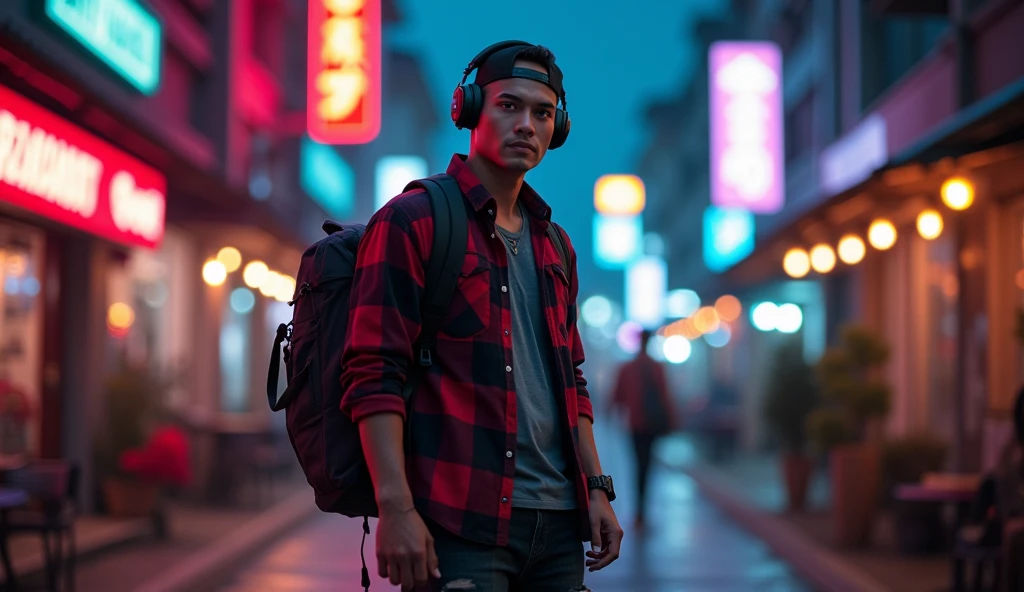 Hyper realistic, a 28 year old Indonesia man walking on the neon cyberpunk street, ideal body, look straight ahead, wearing dark red flannel shirt and dark ripped jeans pants and black hiking hi-shoes with black backward trucker hat, wear dark leather backpack, wear headphone, masculine photoshoot pose, arrogant man expression, romantic, Bandung night town as background. Use soft photography lighting. top lighting. top lighting, slide lighting, high quality photos, UHD, 64k. shot with Canon EOS 5D Mark IV, cinematic portrait, Realistic face, not changing face, no mustache, Real photo, unchanging face, background change. Real Picture 8k ultra, man, gamer, hyper detailed, sharp focus, studio photo, intricate details, highly detailed, photo real, bright colors, digital graphics, unreal engine, blender art, perfect composition, octane rendering, masterpiece, sharp focus, high detail, art station, concept art, perfect composition, a model of ultra-high quality and clarity, perfect play of light and shadow, 32k UHD, hyper-detailing, complex artistic masterpiece, ((best quality)), ((masterpiece)), (detailed), perfect face