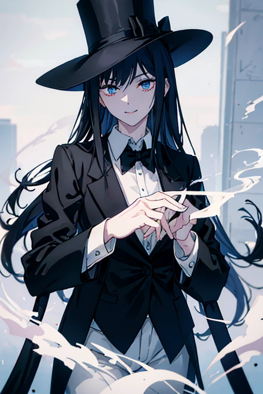 Long straight black hair，blue eyes，Sharp eyes，Smiling，Wearing black formal suit、white lining、Female magician in black trousers，Right hand holding a black top hat，Left hand holding a semi-automatic pistol，The muzzle is placed at the mouth, blowing smoke when firing.