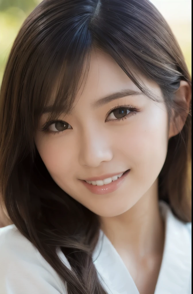 best quality, face focus, soft light, ultra high res, (photorealistic:1.4), RAW photo,(Shinozaki Ai), white skin, kawaii, 1 Japanese girl, solo, cute, (smile), (pupil, lights in the eyes),  detailed beautiful face, Medium-sized breasts,(high resolution detail of human skin texture),(long hair),(portrait), upper body, white traditional kimono, A photo with a face up