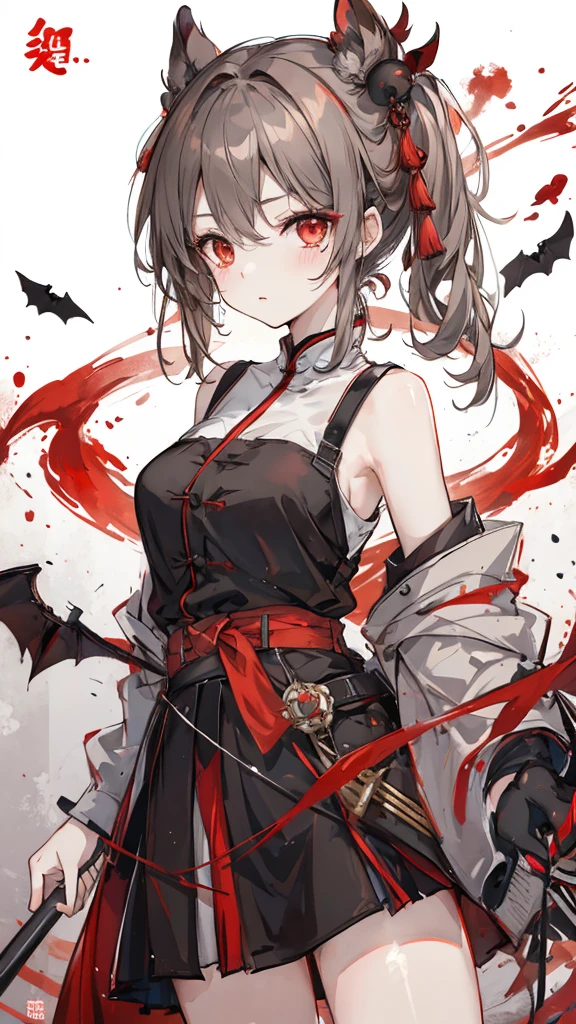 bat，Short, brown-grey hair，Red eyes，白色的bat花紋在黑色的漢服上