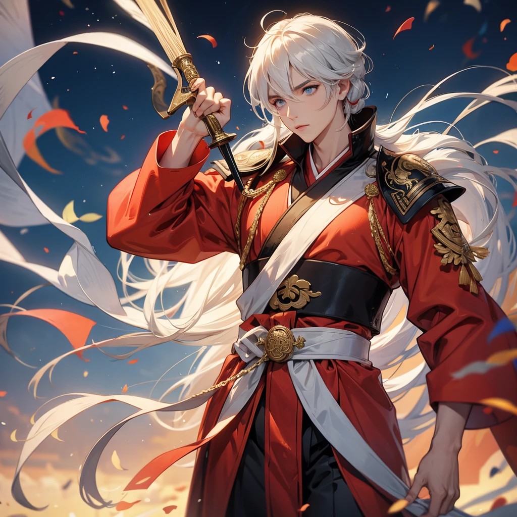 A handsome male general holding a big sword in ancient Chinese clothing on an ancient Chinese battlefield.