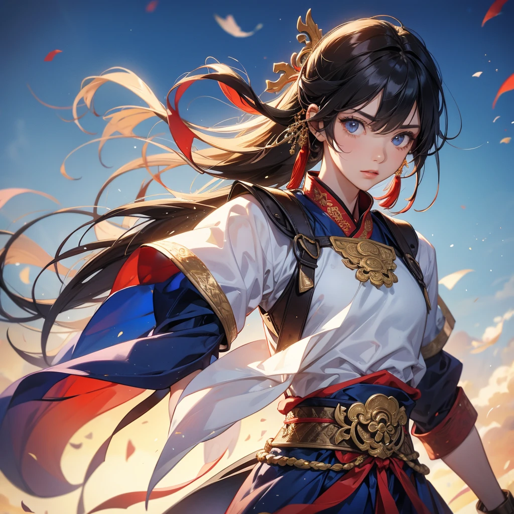 A handsome male general holding a big sword in ancient Chinese clothing on an ancient Chinese battlefield.