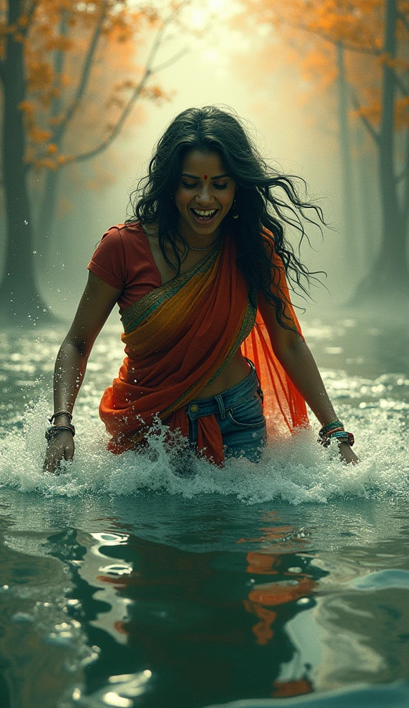 indian woman, drowning in swamp, jeans, sari, abstract, ogange white green