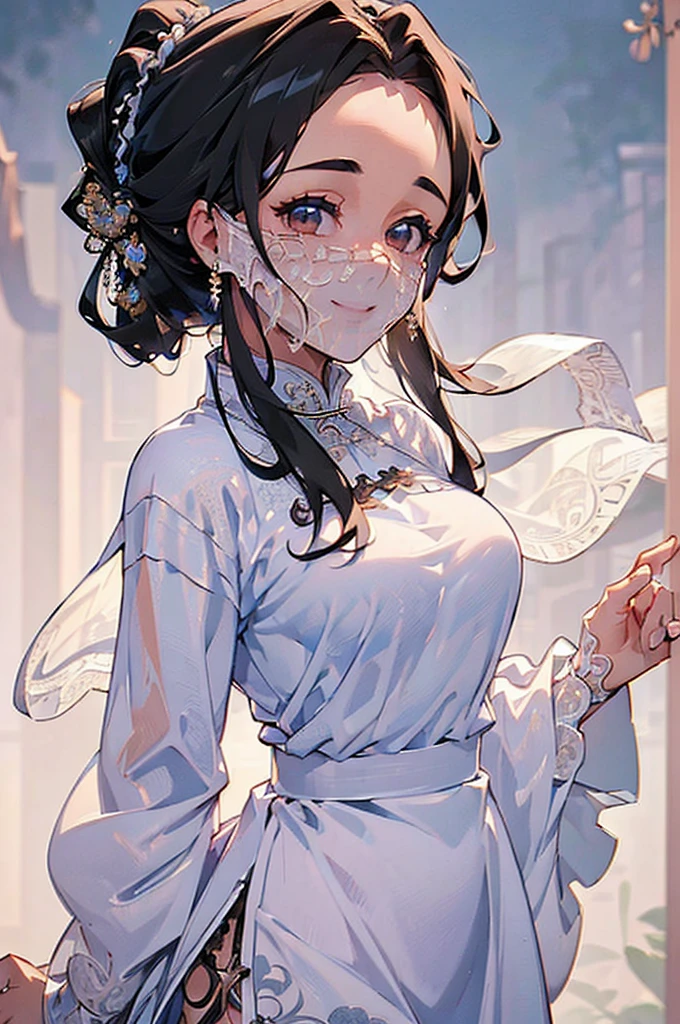 ((((High resolution, Intricate details, masterpiece, 8k)))), (((beautiful, Lace veil, China dress))), ((One Woman, face close up, Smiling)), (Black Hair, Forehead, Long Hair, ponytail, slender), from front, looking at viewer, look at viewer, town, night, moon,