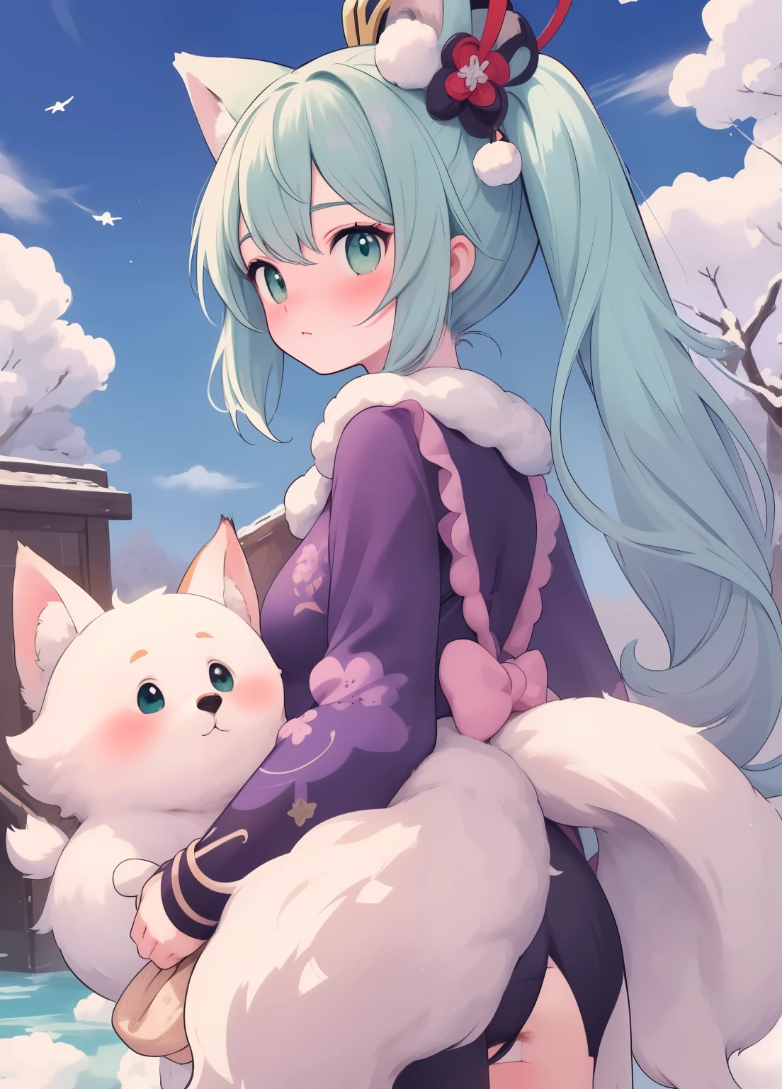 (masterpiece、Highest quality、Highest quality、Official Art、Beautiful and beautiful:1.2)、(1 personの:1.3)Hatsune Miku、Twin tails,Beautiful breasts, Katsushika Hokusai,(fluffy anthro hairy:1.3),  1 person, alone, hair, Fox, Fox ears, hairy, Nahida (Genshin Impact),Cruciform pupil, Green Eyes,(ponytail, Pointy Ears:0.6),Highest quality,masterpiece,Very delicate and beautiful , (There's a cute one in the center.:1.2), (alone:1.3), Nahida (Genshin Impact), Cruciform pupil, (ponytail, Pointy Ears,:0.6) ,Cowboy Shooting,Place your hands behind your back,both hands,fluffy Fox tail,
