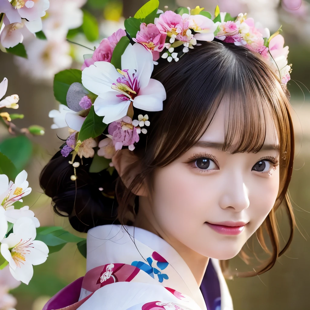 1 female, Very sexy woman, Great face and eyes, (Highly detailed eyes, Highly detailed face), (Flower pattern kimono:1.2), (Very beautiful kimono), (Cleavage:1.2), Looking for a Smile, (Highest quality:1.4), (Ultra Realistic, High resolution), RAW Photos, (Realistic, photo-Realistic:1.37), Professional photography, Cinematic Light, Old temple, cherry blossoms,