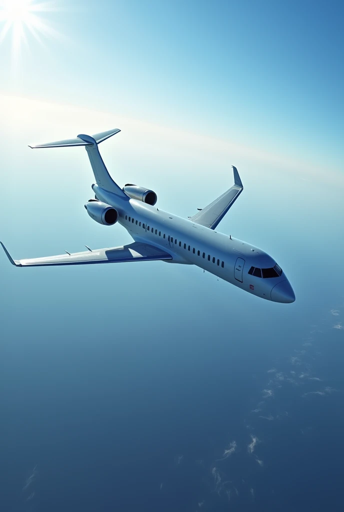 A flying plane seen in the air far from the ground below

