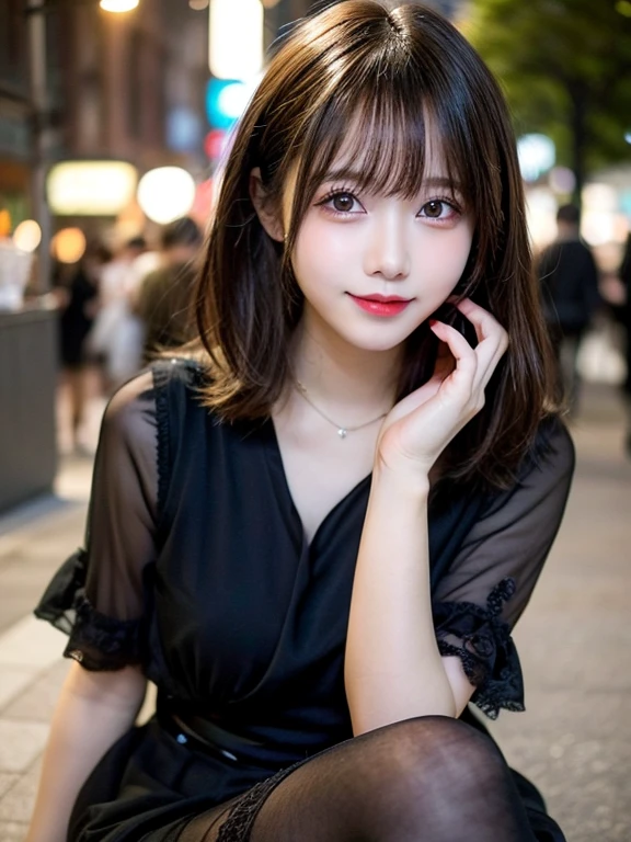 Tabletop, Highest quality, shape, Very detailed, finely, High resolution, 8k wallpaper, 完璧なダイナミックな構shape, finelyて美しい目, Wearing a black dress,Medium Hair,Natural color lip, smile,Harajuku、Teenage Girl、cute、Looking into the camera、Brown Hair、Blurred night New York background,Head to Toe,thin and neat legs