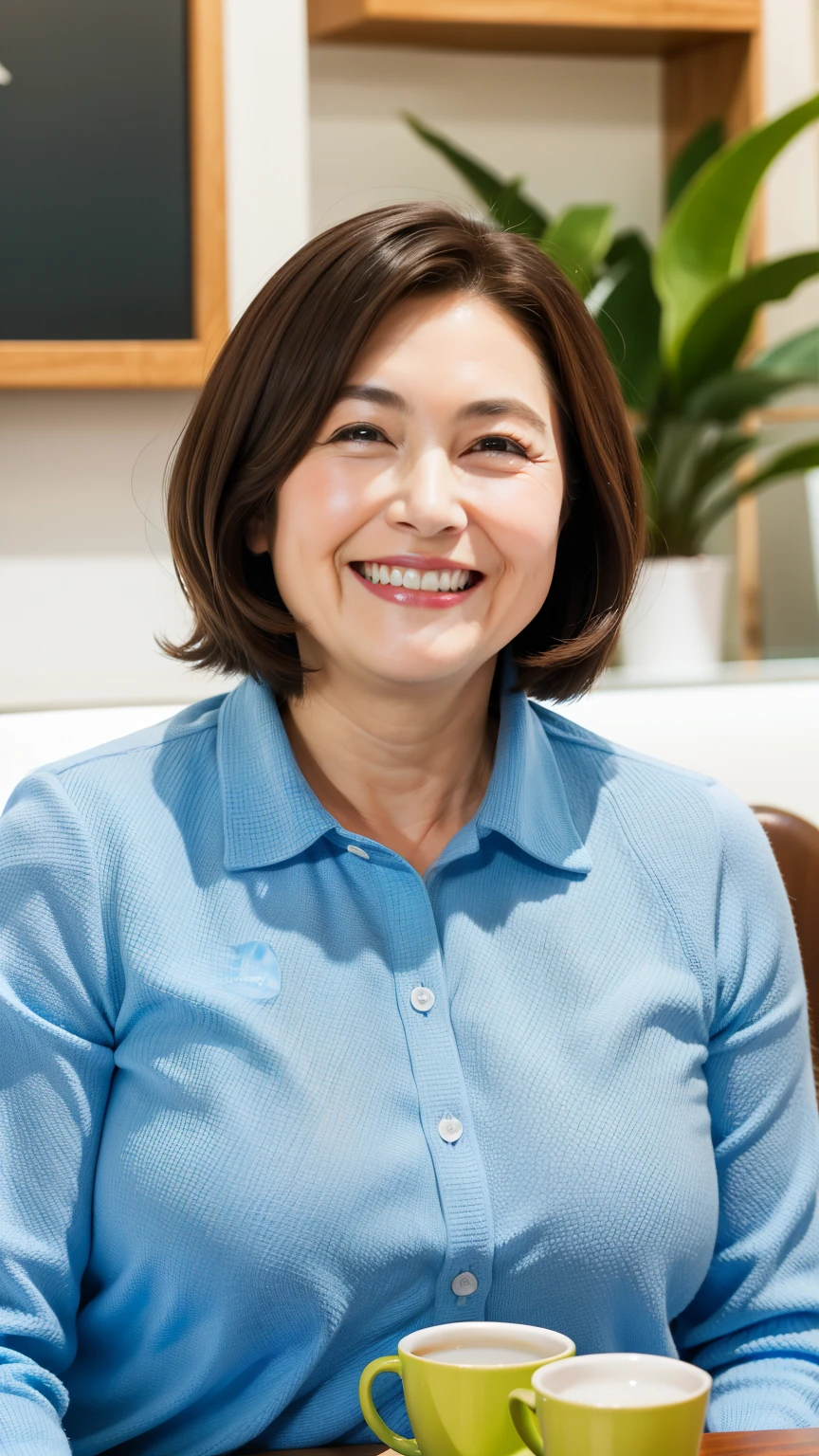 8k wallpaper, masterpiece, Highest quality, Very detailed, One Mature Woman, 50 years old, Become very clear, Wearing a short-sleeved knit, Skin dents, Captivating smile, Looking at the audience, No lapel microphone, Plump, Curvaceous, Attractive face, Smiling with teeth showing, I was happy, sitting in a cafe, Background Blur