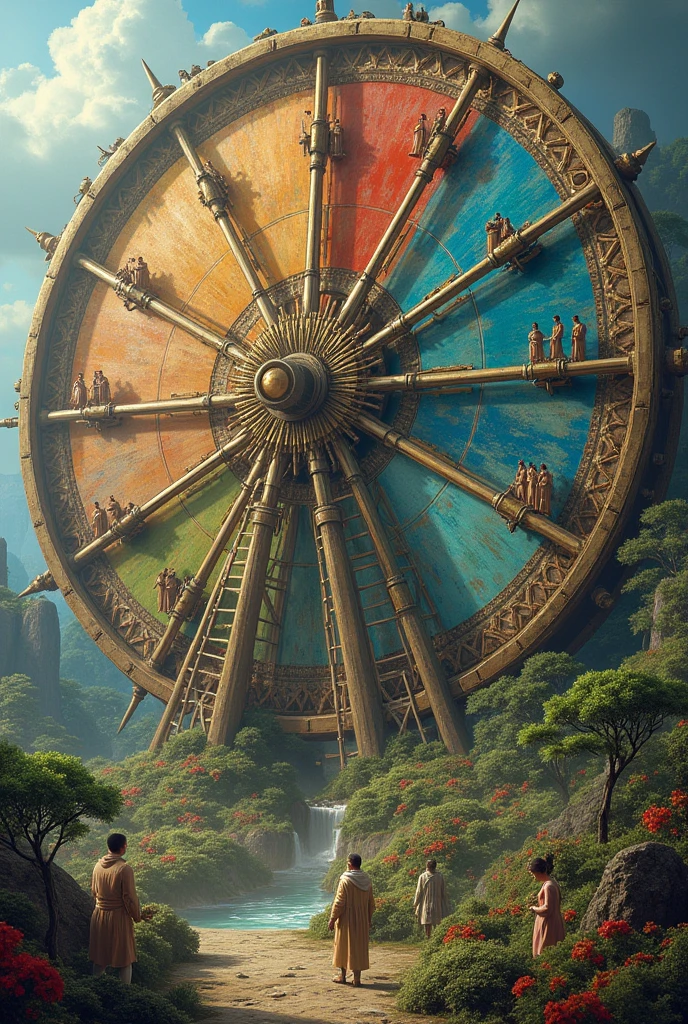 Description: A giant wheel that spins endlessly, divided into sections representing different stages of life and human history. In each section, human figures interact with their environment, showcasing the evolution, culture and ethography. The wheel is surrounded by animals and plants, symbolizing the connection between humans and nature. The wheel represents the cycle of life and the continuity of existence.