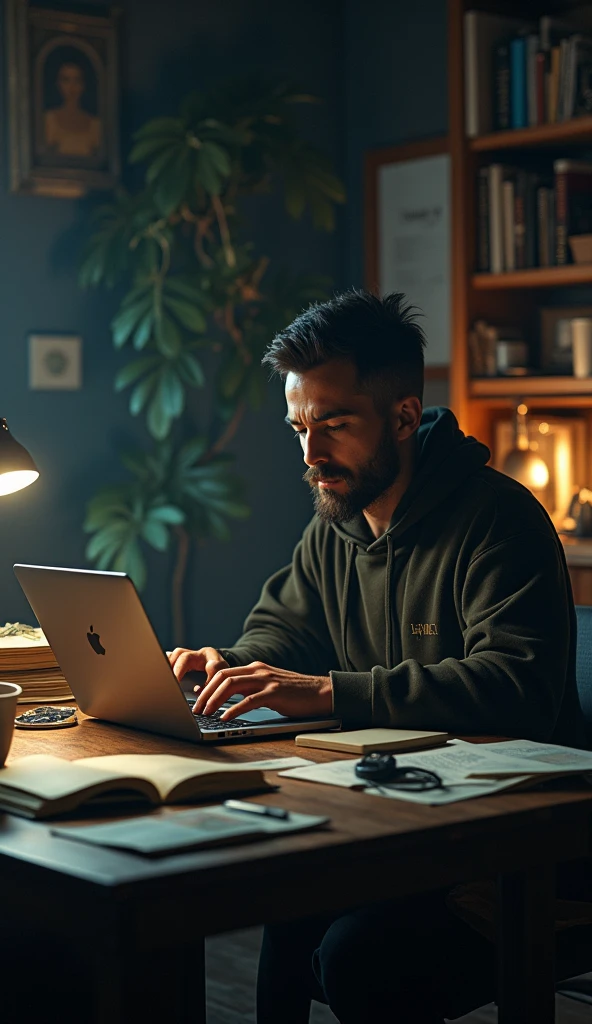 A Writer at Their Desk**: The writer, surrounded by stacks of notes and coffee cups, typing furiously on a laptop, their face reflecting deep concentration and commitment to their craft..in Dall e-3 style