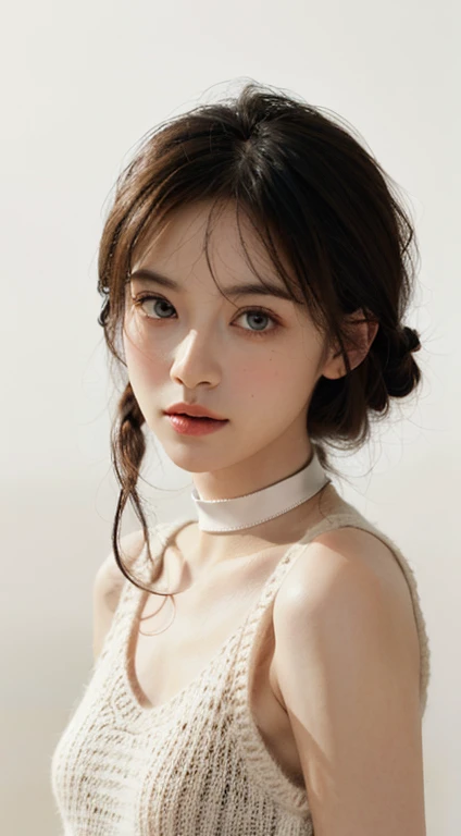 (From the waist up), Highest quality, Ultra-high resolution, (Realistic:1.4), (One person, alone), (Beautiful Face, Super detailed face, Clear, big eyes), (Small Head), (Shapely breasts, Large Breasts), (Beige sleeveless knit, Super detail knit dress:1.3), (Black choker:1.3), (Flat lighting, Simple gradient background in white:1.4),
