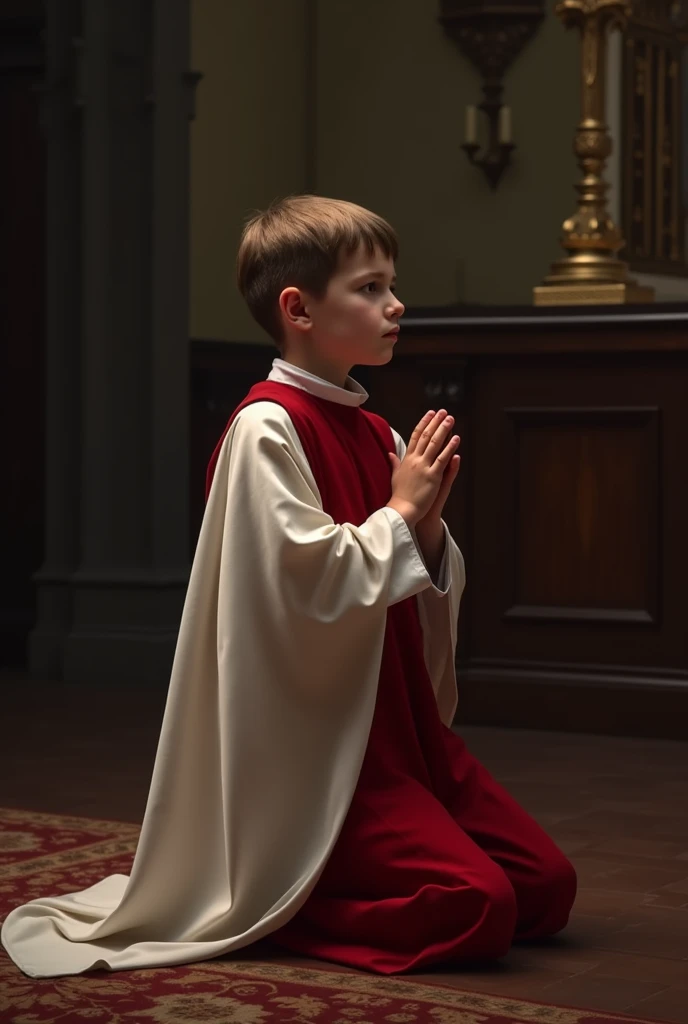 A -yeld boearing a black cassock with a waist sash praying the rosary, a boy with white skin, light brown hair, a fine face