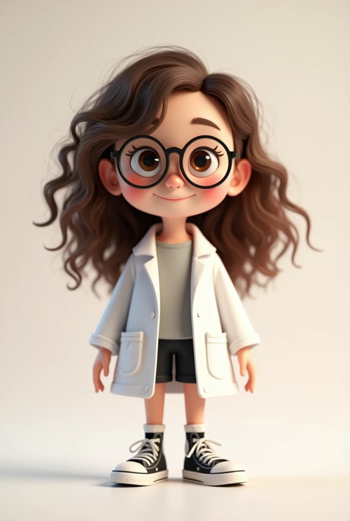 Create a Pixar-style 3d avatar with a clean look,  White skin with long curly brown hair with LOW volume, of round glasses, in a lab coat and all stars
