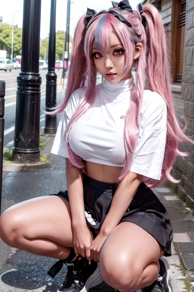 Japanese cute black gal wearing a cropped white Y-shirt and a black mini skirt, squatting with legs apart, ((her legs apart)), (((legs wide open))), ((twin tail hair)), ((Pink hair)), (Wavy hair), (Wearing a black ribbon), (((black Skin))), (Light brown eyes), ((Heavy makeup)), (in the street), (((huge breasts))), (((realistic))), (((High resolution)))