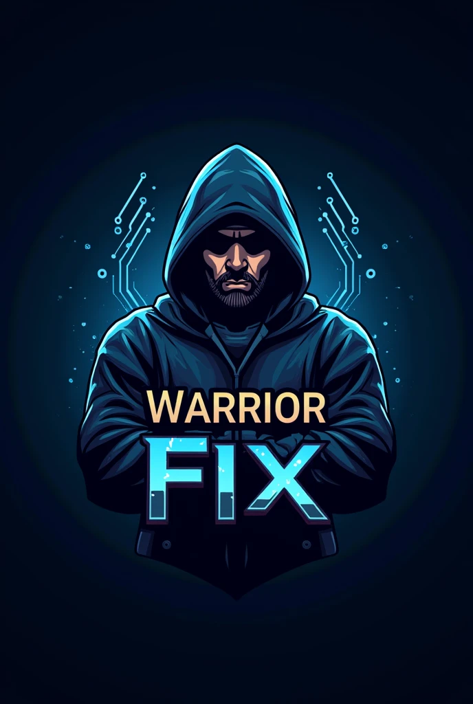 Design a logo for a bitcoin mannequin technician named warrior fix. Use a masculine and serious blue color palette, incorporating an electronic circuit and the text 'warrior fix'. 