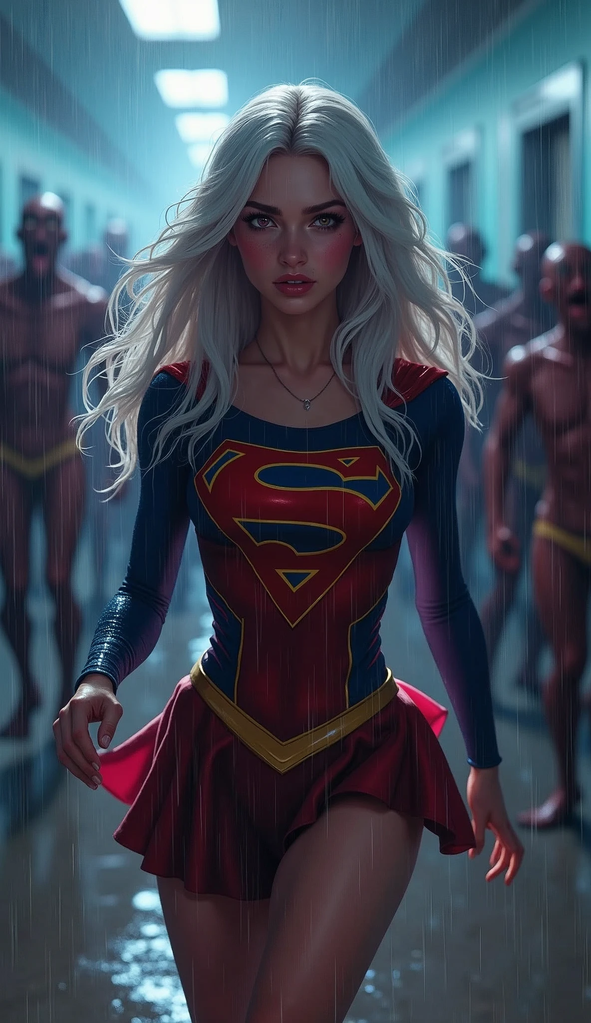 photorealistic,Realistic illustration in Modelshoot style,((masterpiece)),((The best quality)),((Ultra Quality)),((ultra detailed)),((1girl long white hair)),((Only)),((waifu:1.5)),Perfect anatomy,perfect hands,beautiful cuerpo,beautiful_method,ulzzang-6500-v1,e-chica,Exceptionally Beauty Waifu Princess Mary R. and Emma Stone and Eiza Gonzalez as Rin Tohsaka and Tifa Lockhart running terrified in a hospital being chased by a group of horrible and scary zombies,(((zombis,A crowd of horrible and terrifying zombies watching and running after her piled up with each other to catch up with her...))),in a cosplay,wet clothes,Woman body set big breasts, Supergirl costume dress,((bright-pink_eyes)),long wavy hair,hair clips,eyeliner,cute makeup,lipstick,Glossy lipstick,with a look of terror, worry and sadness,((eyes detallados perfectos)),rainy with fog outside,evening,pink theme,bioluminiscencia,light particles,((Extremely CG Unity 8K Wallpaper)),((cinematic lighting,Best quality lights)),intricate details,Suave,sharp focus,Extremely beautiful and aesthetic,Octane rendering,Full length portrait,damp skin,((Perfect detailed body)),