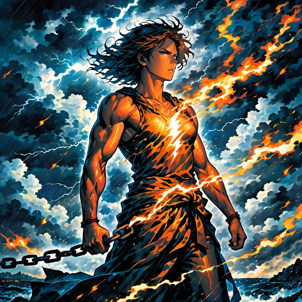 A powerful and dynamic scene with a figure standing strong in the midst of a stormy night. Lightning illuminates the dark sky, casting an intense glow around the figure, who appears determined and unyielding. The figure’s heart is metaphorically on fire, symbolizing inner strength and resilience. Despite the heavy rain and turbulent winds, the figure stands tall, with their gaze set forward, breaking free from chains that once bound them. The background features a mix of dark clouds and streaks of light, representing the contrast between the struggle and the hope that drives them to rise higher. The overall image should convey themes of strength, determination, and overcoming obstacles