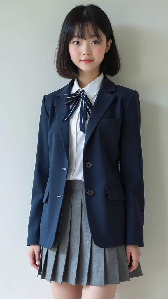 Japanese 18 year old high school girl、Navy blue blazer uniform、Grey pleated mile、whole body