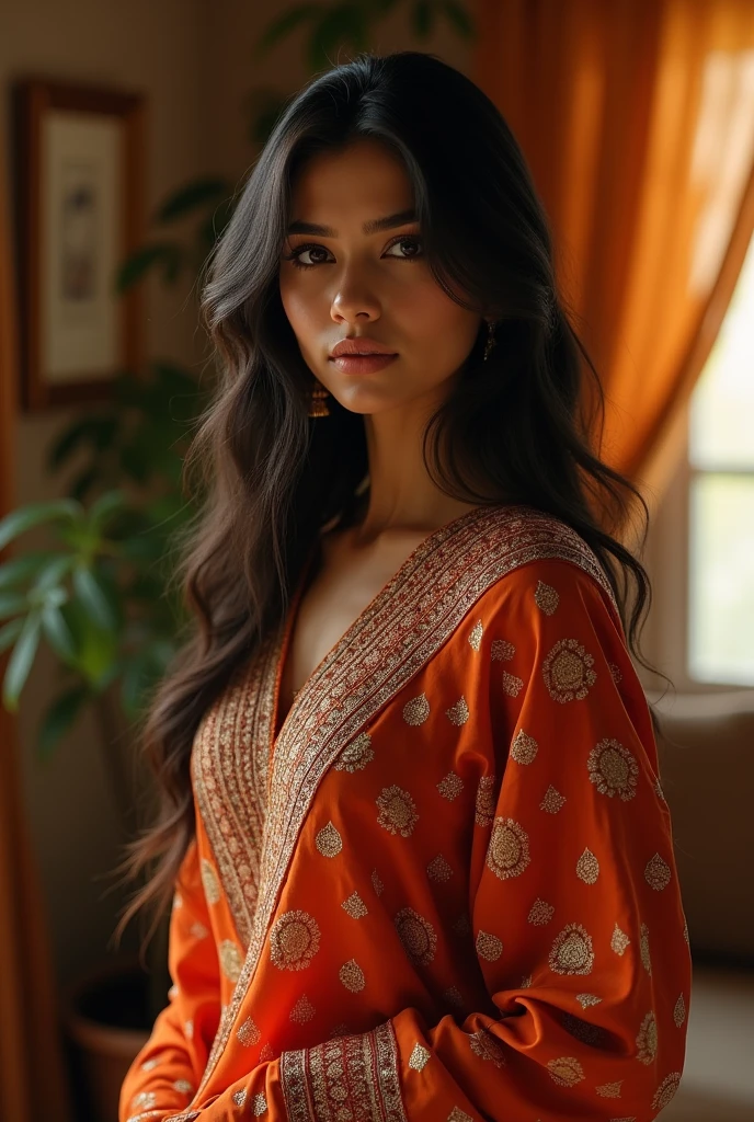 A sexy indian girl on his house with wearing kurta pajama standing
