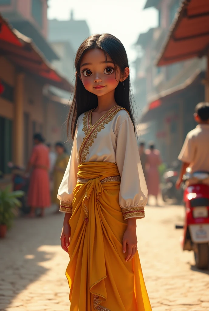 Create a cute nepali brahmin culture girl wearing a white kurtha and yellow sal and have properly white skin tone in a city background at a height of 4 feet and 11 inches and straight hair with medium eyes