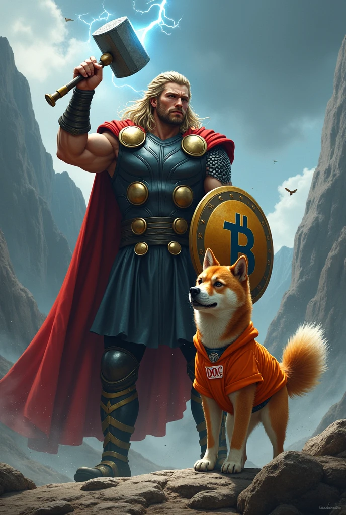 Generate an image of Thor with his hammer and Bitcoin shield, accompanied by his shiba inu dog wearing an orange sweatshirt with DOG stickers on the chest, facing a bear.
