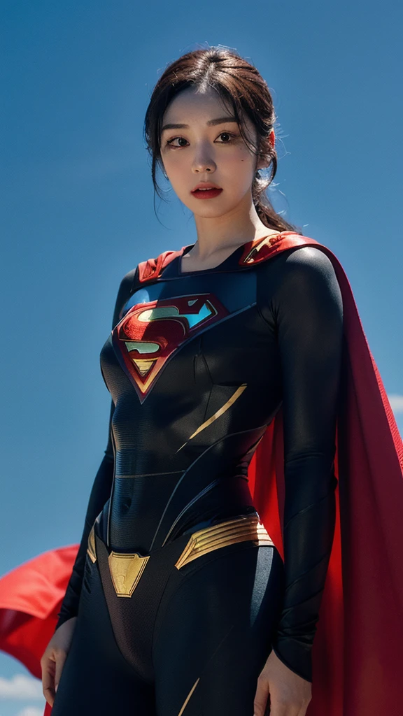 Woman wearing detailed SuperMan costume with full sleeves covering the entire body, short black hair, serious face, (flying in sky), vivid colors, dramatic lighting, red cape, cinematic costume, carbon fiber detailed suit,