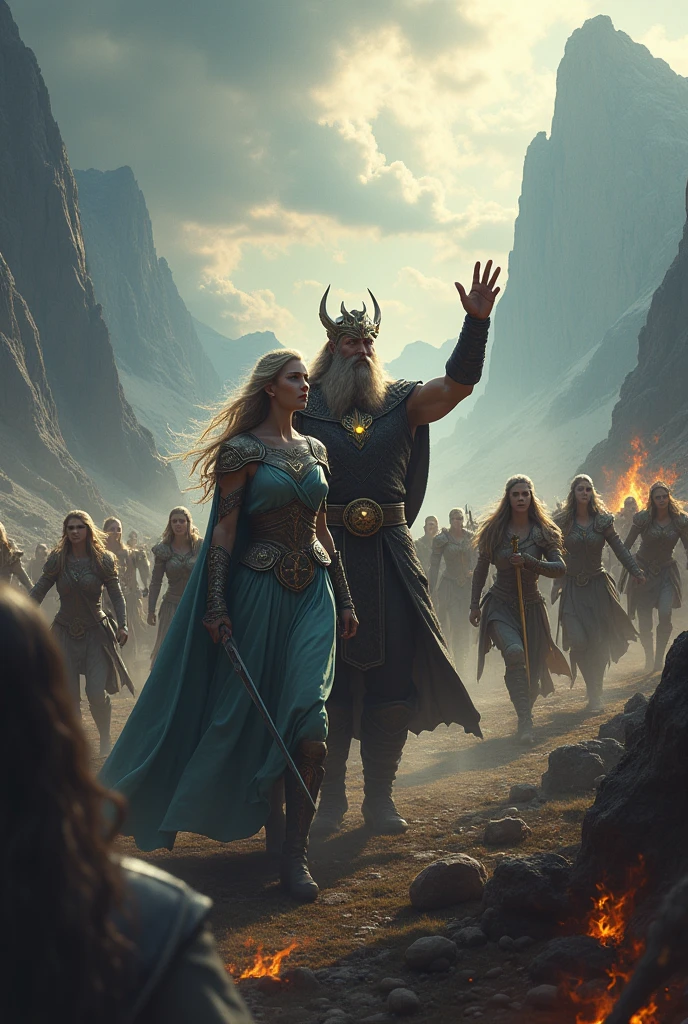 Odin and frigg epic with their Valkyries army in battle