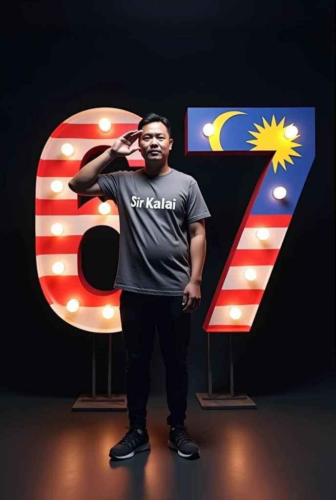 A real 30 years old man wearing t-shirt dress with Text “Sir Kalai” written on tshirt, he standing near a 3d big Number “67” is decorated by Malaysia flag with dark background 32k ultra quality image, and he salute