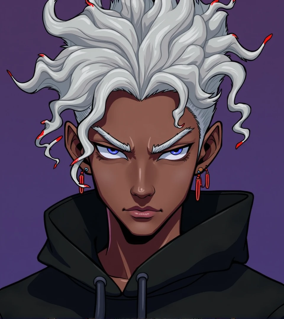 A tanned male teenager with long, curly black hair with red tips