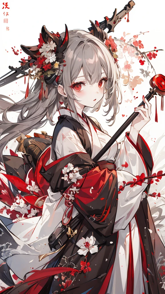 bat，Short, brown-grey hair，Red eyes，White bat patterns on a black Hanfu.